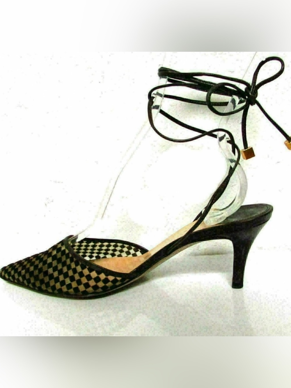 Louis Vuitton Mesh Damier Kitten Heel Lace Up Pumps Black Sheer 6.5 - Picture 6 of 14